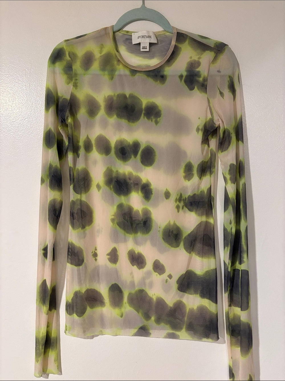 Sportmax Long Sleeve Sheer Mesh Top - Lime Green and Black Blotch Print
